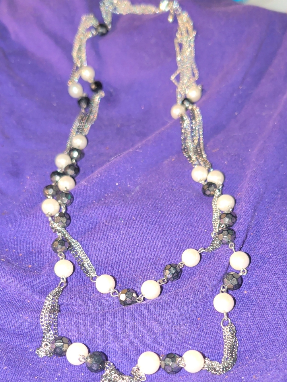 Express Silver Multi-Strand Necklace with Black Faceted and White Beads